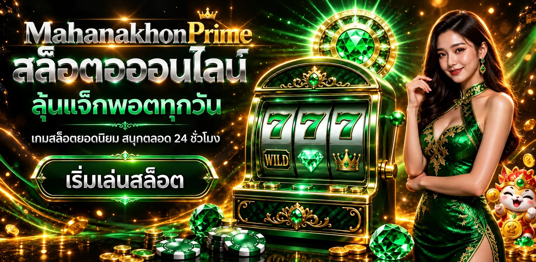 MahanakhonPrime สล็อต พร้อมตัวละครเกมและเอฟเฟกต์สีส้ม